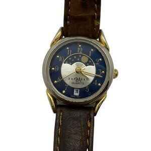 Vtg LA Express Quartz Nelsonic Watch Women's Moon Phase Silver Date LAX871 Brown